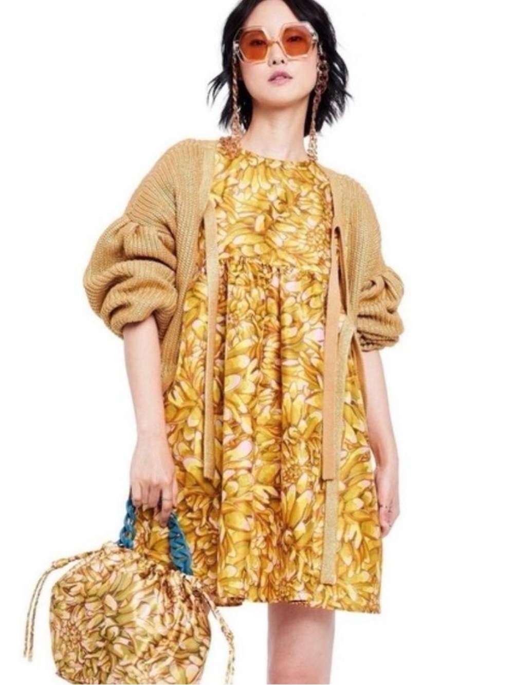 Kika Vargas Yellow Pink Gold Floral Puff Sleeve Short Dress Ruffle Button